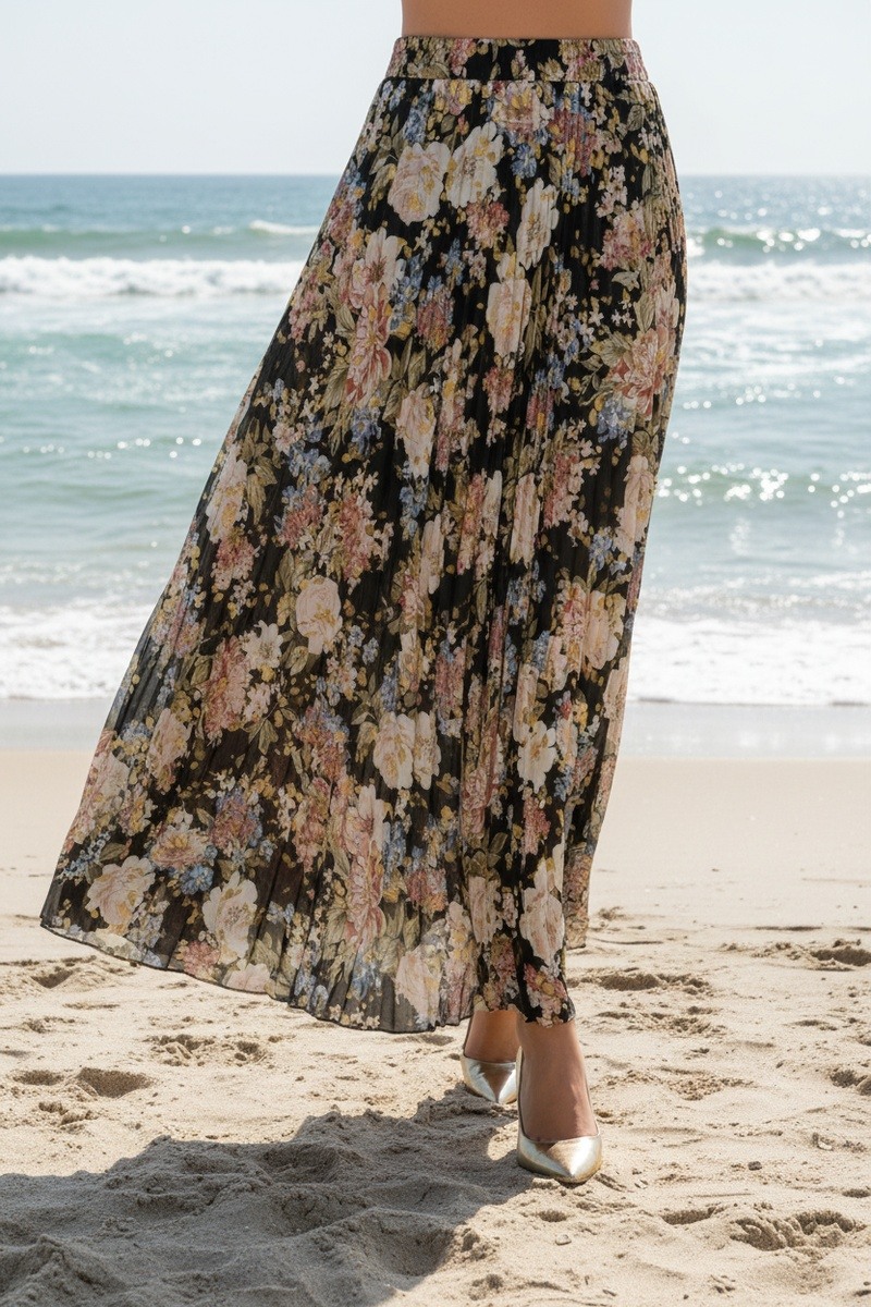 Mayorista Lusa Mode - Falda larga estampada floral con efecto dorado plisado y vuelo con forro
