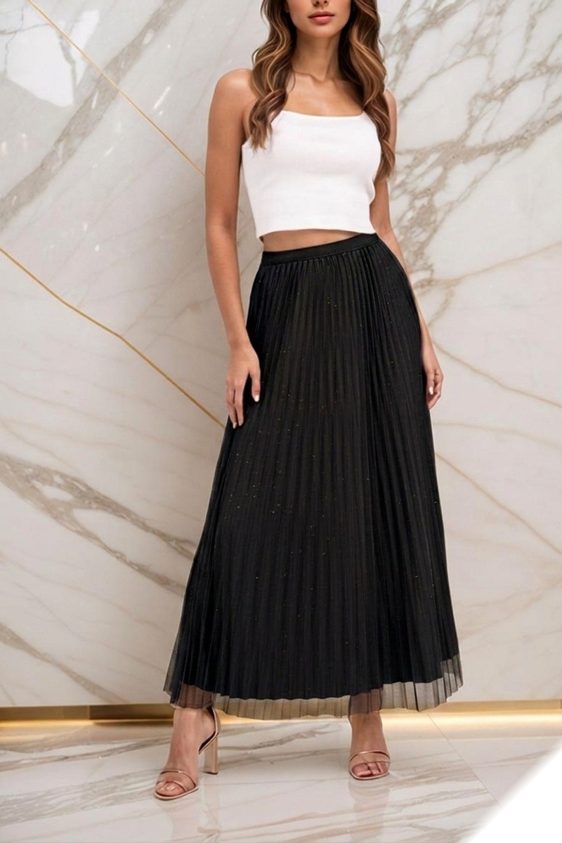 Wholesaler Lusa Mode - Long shiny pleated flared skirt with tulle and reversible