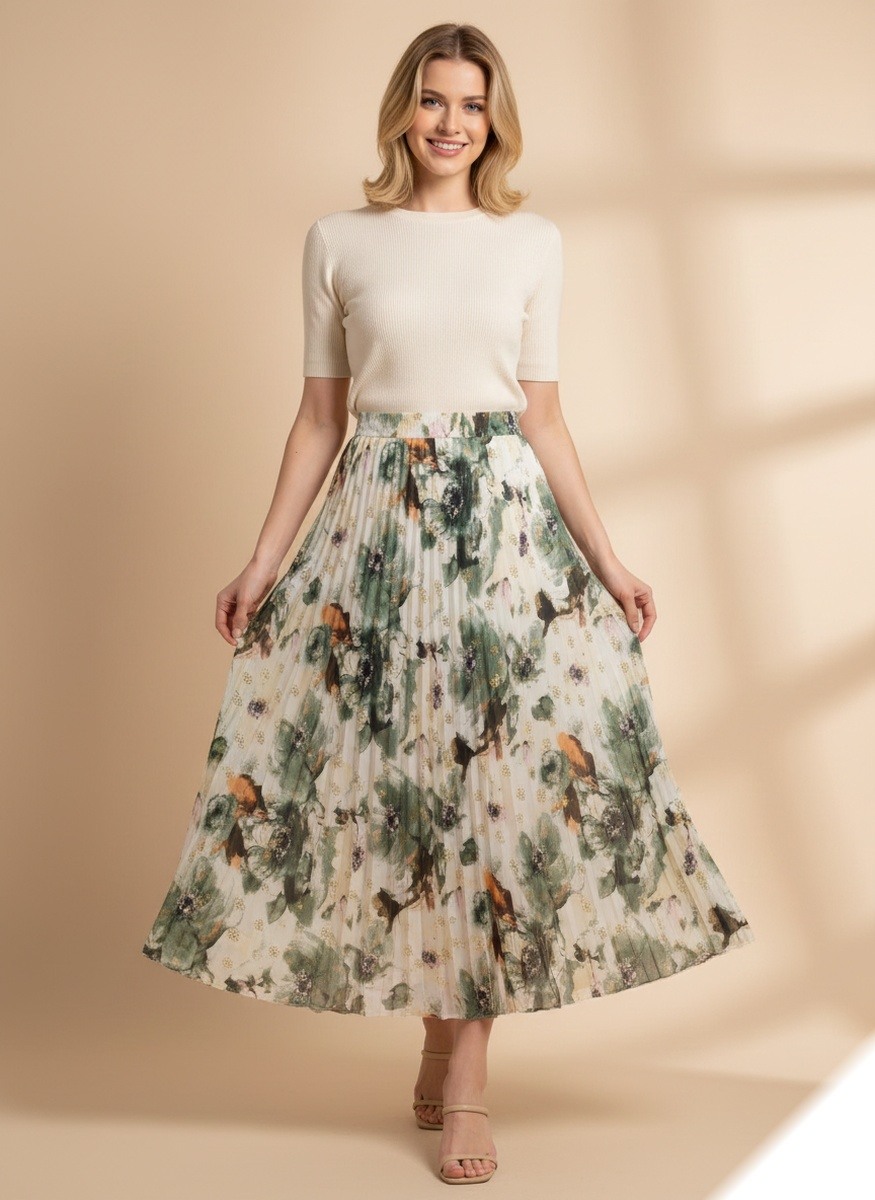 Großhändler Lusa Mode - Langer, ausgestellter Faltenrock mit Blumenmuster, goldenen Akzenten und Futter