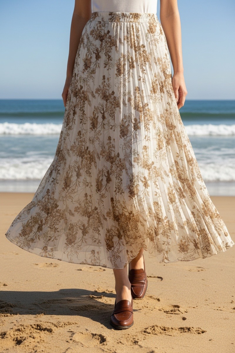 Grossiste Lusa Mode - Jupe Longue Plissée Florale Brodée d'Or avec Doublure - Élégance Prestige