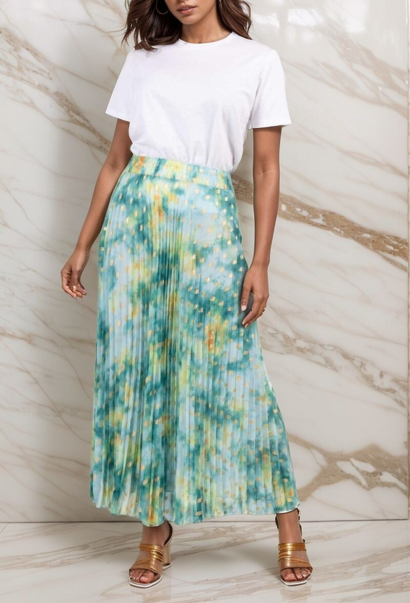 Wholesaler Lusa Mode - Abstract printed flared pleated long skirt with gold spots