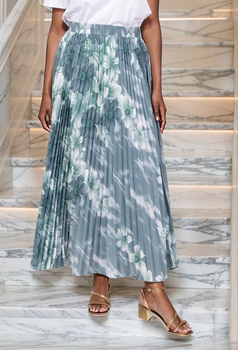 Wholesaler Lusa Mode - Long pleated floral flared skirt with lining