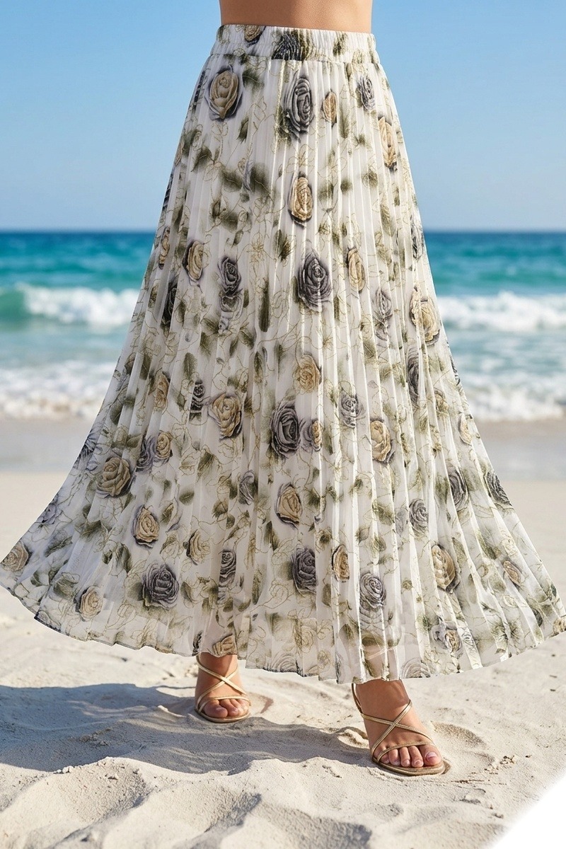 Grossiste Lusa Mode - Jupe Longue Plissée Florale Brodée d'Or avec Doublure - Élégance Prestige