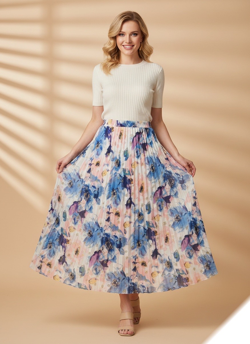 Wholesaler Lusa Mode - Long pleated flared skirt with floral print, gold spots, and lining