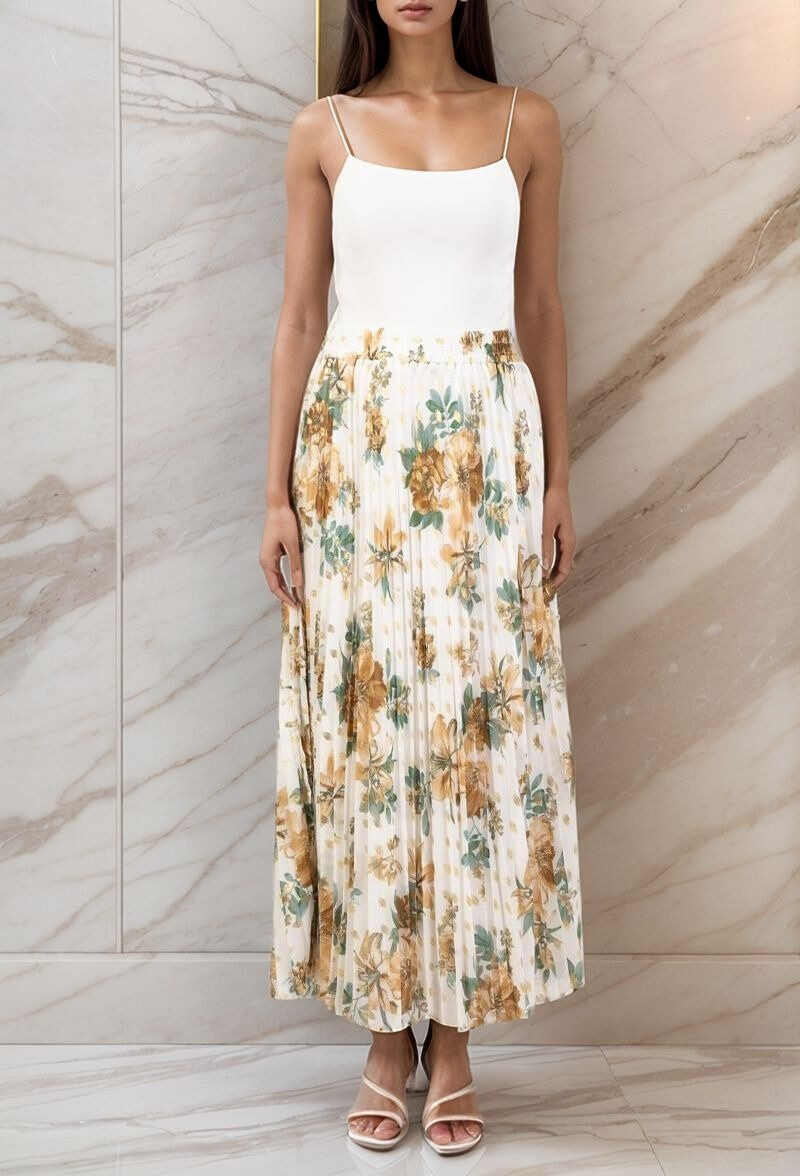 Wholesaler Lusa Mode - Long pleated flared skirt with floral print and gold spots
