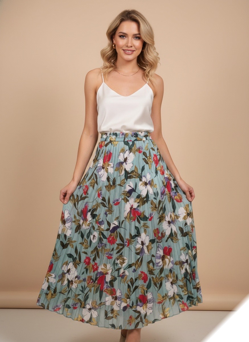 Großhändler Lusa Mode - Langer, ausgestellter Faltenrock mit Blumenmuster, goldenen Akzenten und Futter