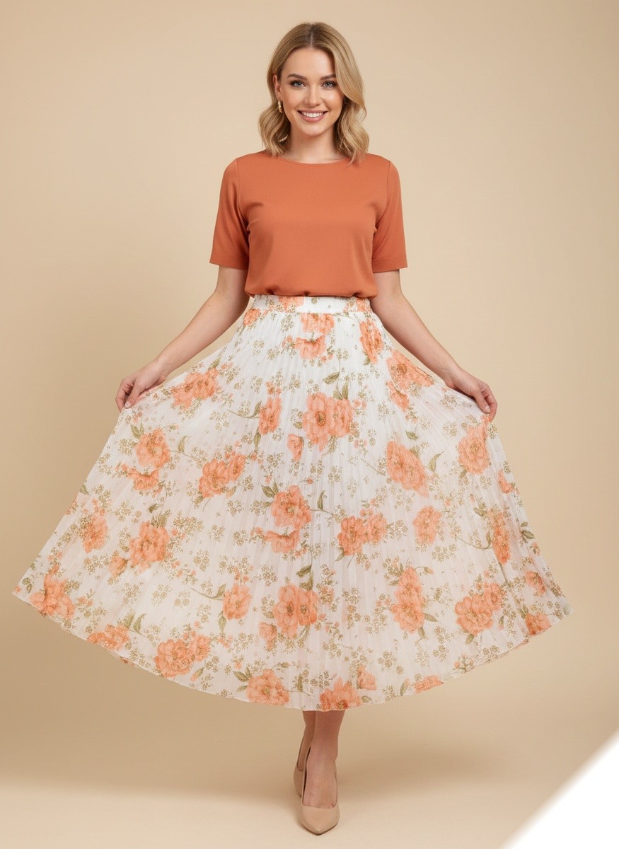 Großhändler Lusa Mode - Langer, ausgestellter Faltenrock mit Blumenmuster, goldenen Akzenten und Futter