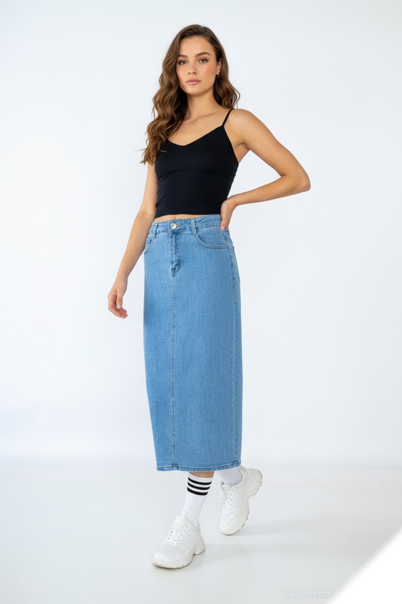 Mayorista Lusa Mode - Falda vaquera elástica de 83cm con abertura trasera