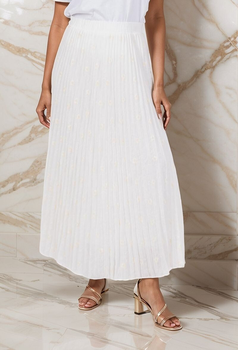 Grossiste Lusa Mode - Jupe longue unie broderie anglaise fleurie plissée évasée doublure