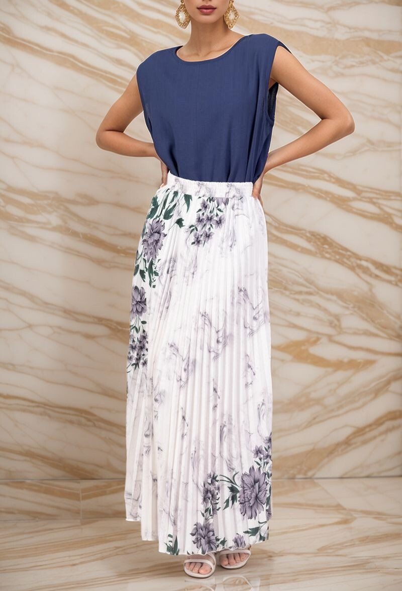 Wholesaler Lusa Mode - Long pleated floral flared skirt with lining