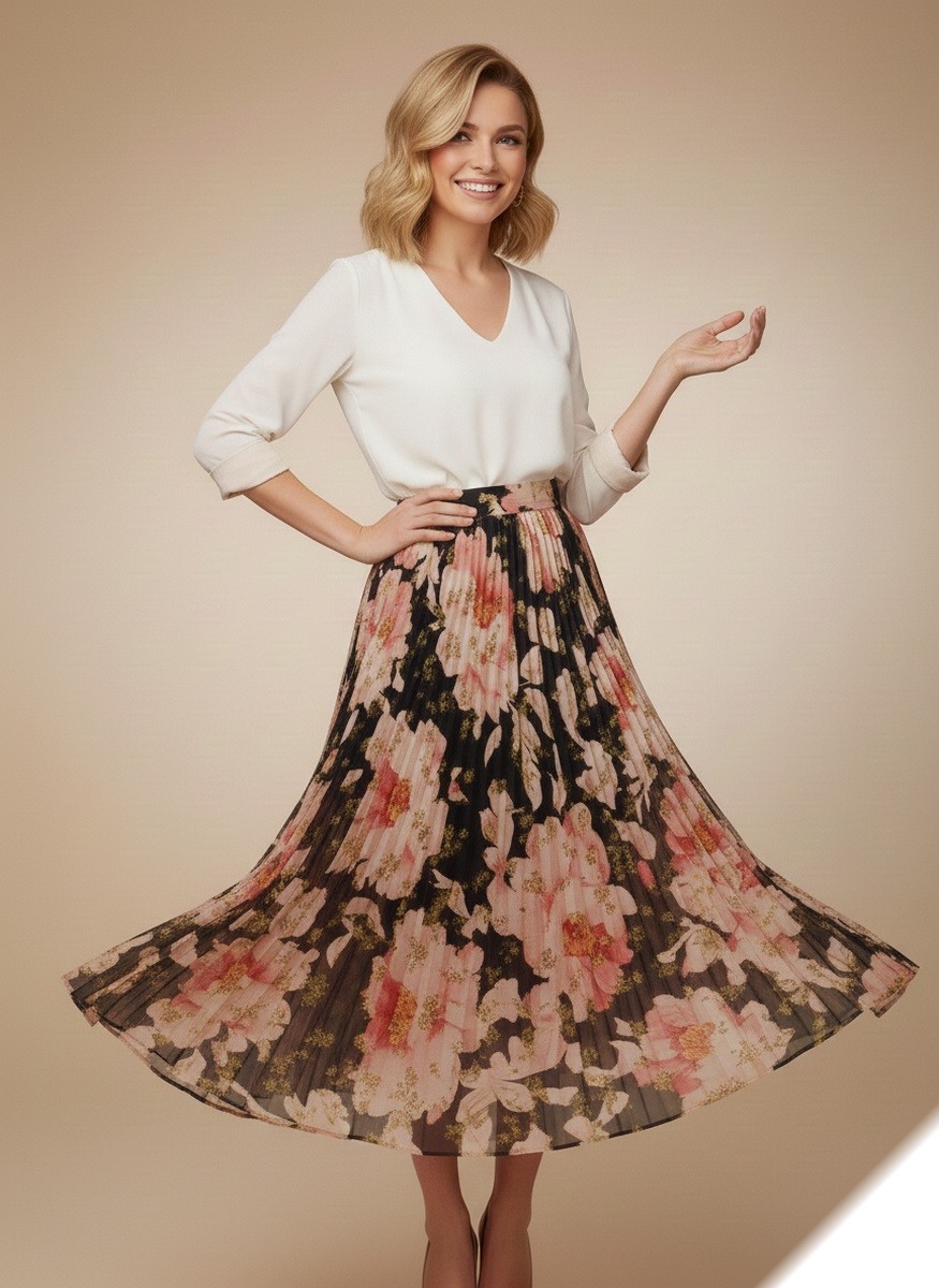 Großhändler Lusa Mode - Langer, ausgestellter Faltenrock mit Blumenmuster, goldenen Akzenten und Futter