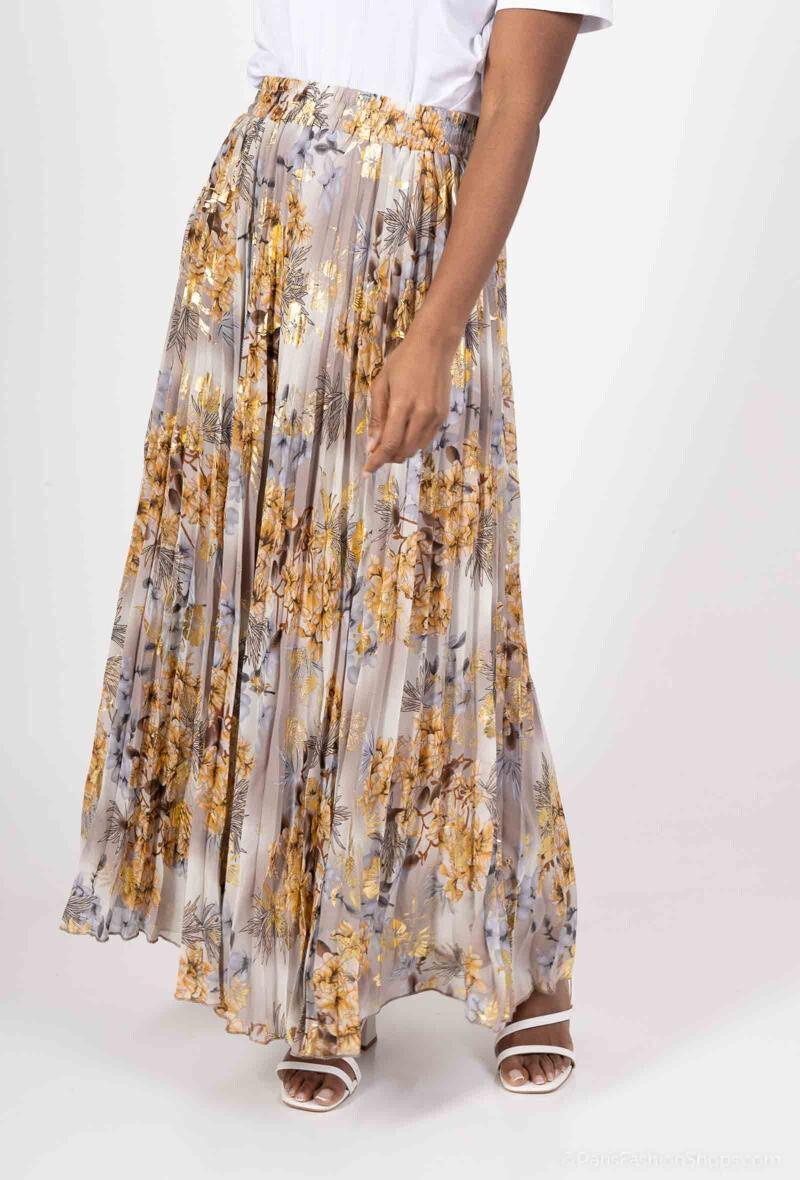 Großhändler Lusa Mode - Langer Rock Julia Fleurie verdoppelte Flared mit goldenem blumigen Reflexion