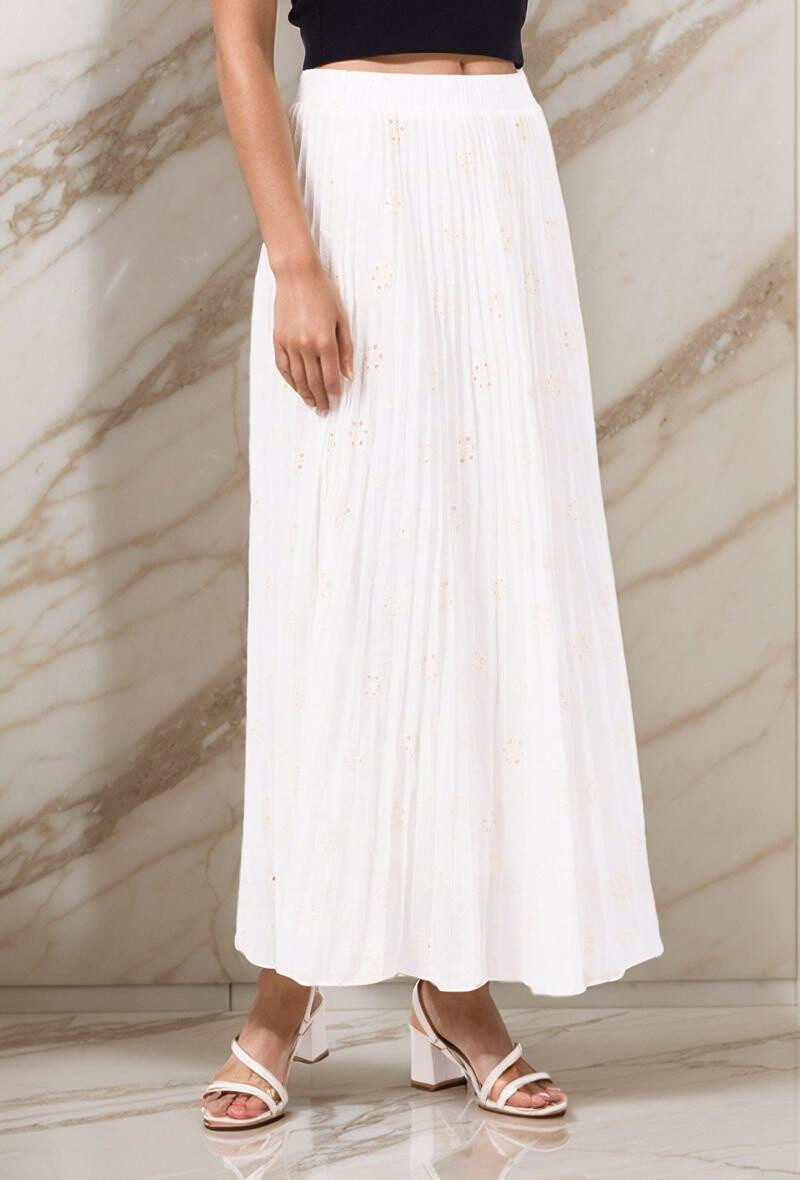 Mayorista Lusa Mode - Falda larga color liso bordado floral plisado acampanado forro