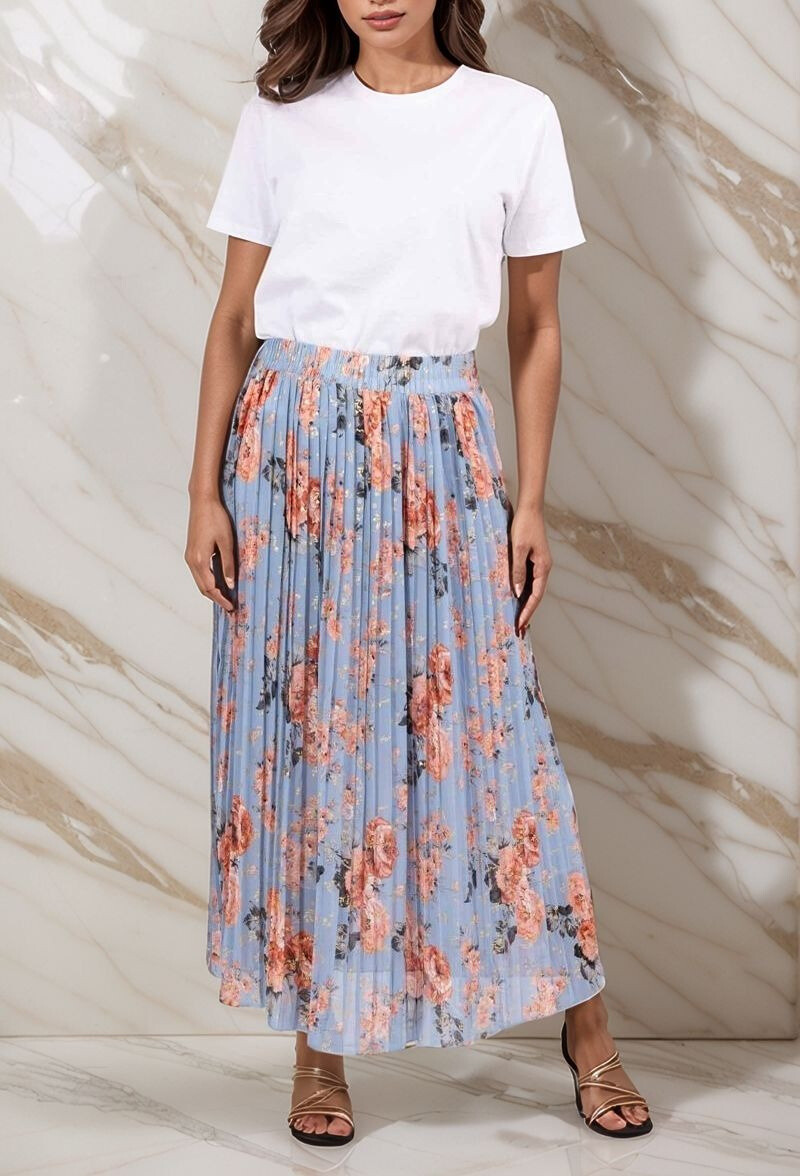 Grossiste Lusa Mode - Jupe longue plissée imprimée fleurie avec fleurs dorées