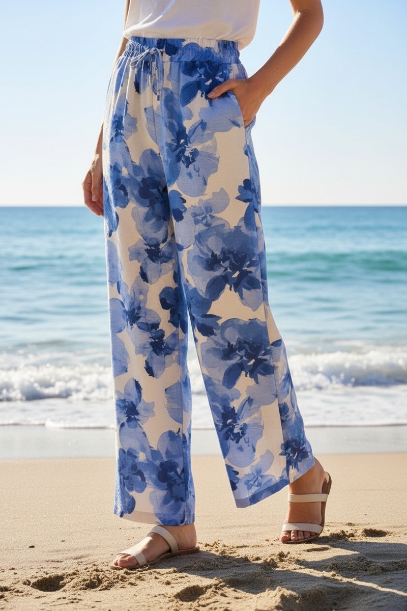 Mayorista Lusa Mode - Pantalones florales casuales de pierna ancha con bolsillos y cordón ajustable