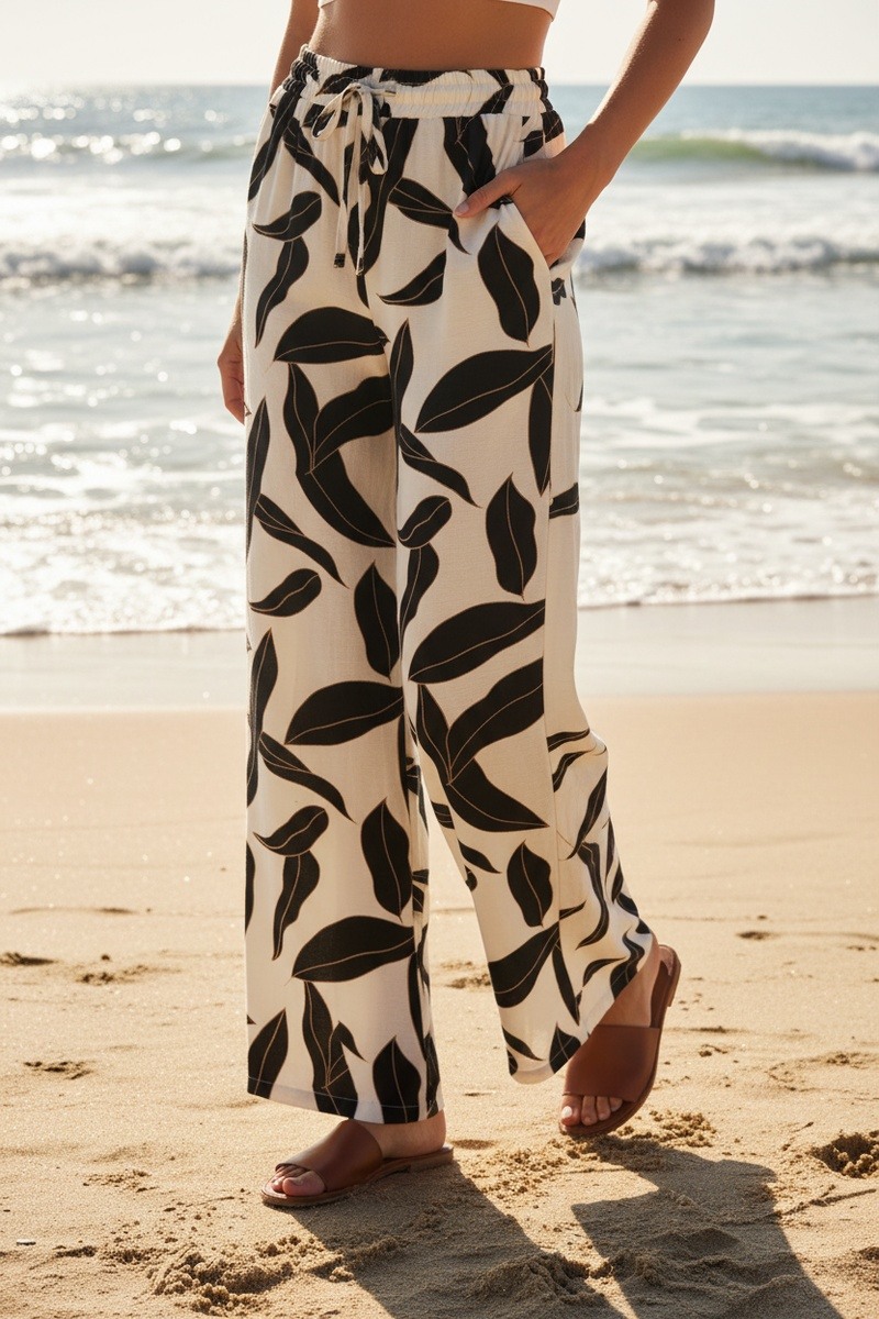 Grossiste Lusa Mode - Pantalon fleuri large décontracté avec poches et cordon ajustable