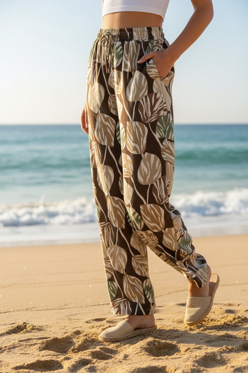Mayorista Lusa Mode - Pantalones casuales de pierna ancha con estampado floral, bolsillos y cordón ajustable
