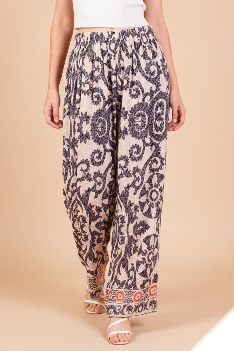 Grossista Lusa Mode - Pantaloni larghi con tasche e stampa geometrica, tessuto simile al lino