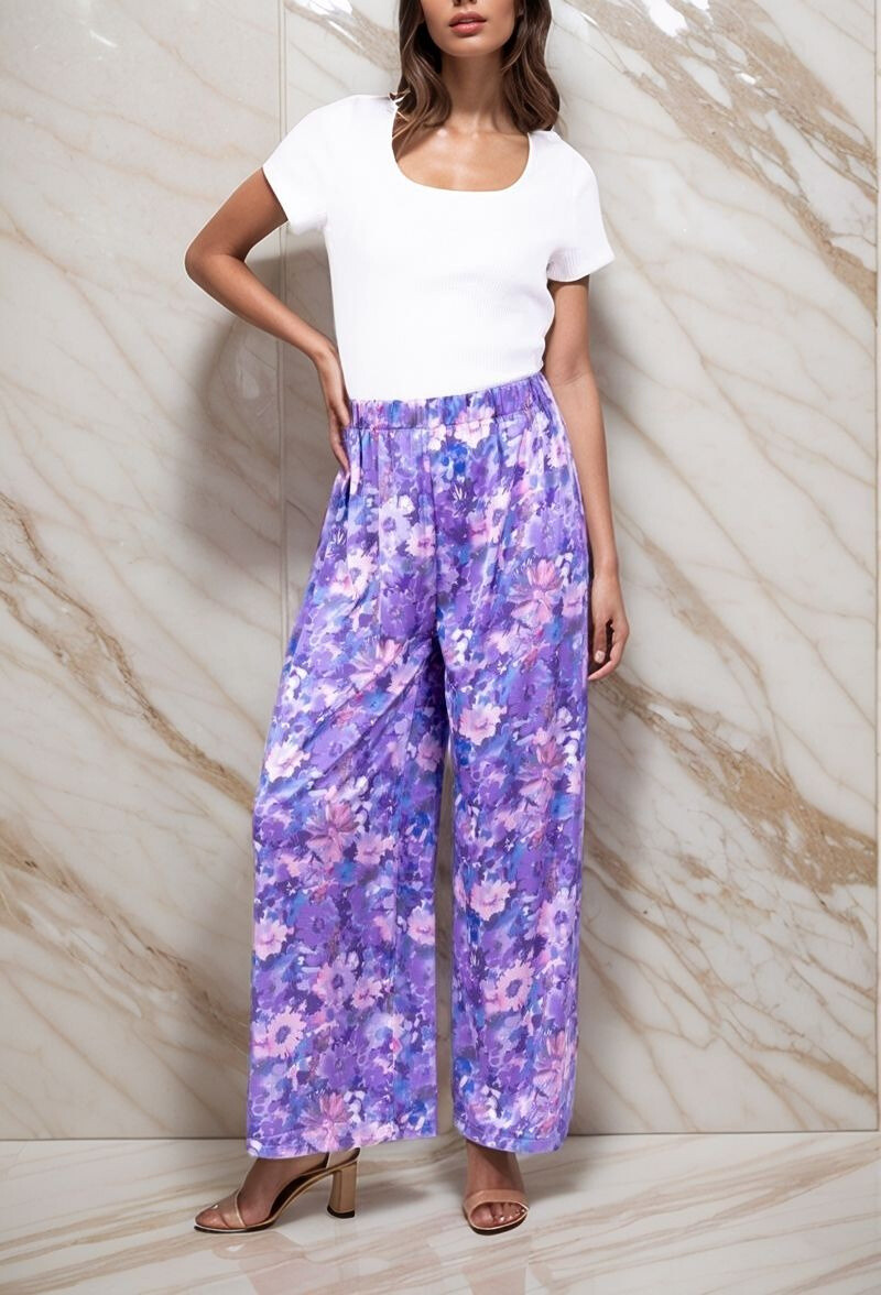 Grossiste Lusa Mode - Pantalon imprimé fleuri abstraite en soie avec poches