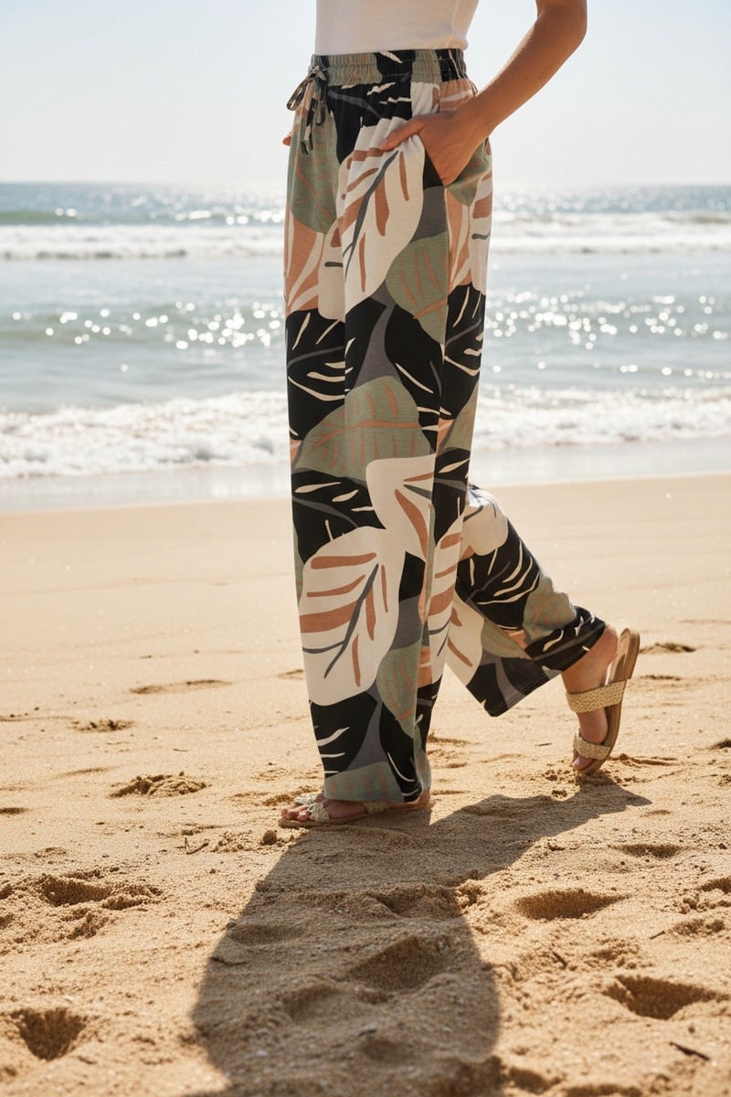 Grossiste Lusa Mode - Pantalon fleuri large décontracté avec poches et cordon ajustable