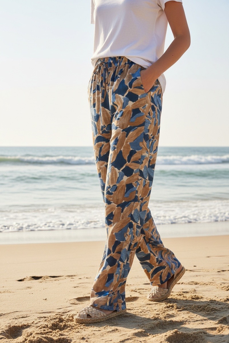 Grossiste Lusa Mode - Pantalon fleuri large décontracté avec poches et cordon ajustable