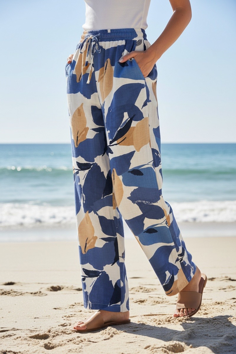 Grossiste Lusa Mode - Pantalon fleuri large décontracté avec poches et cordon ajustable