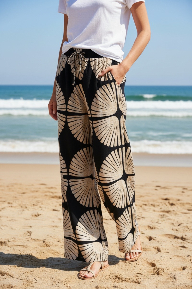 Wholesaler Lusa Mode - Casual wide-leg floral trousers with pockets and adjustable drawstring