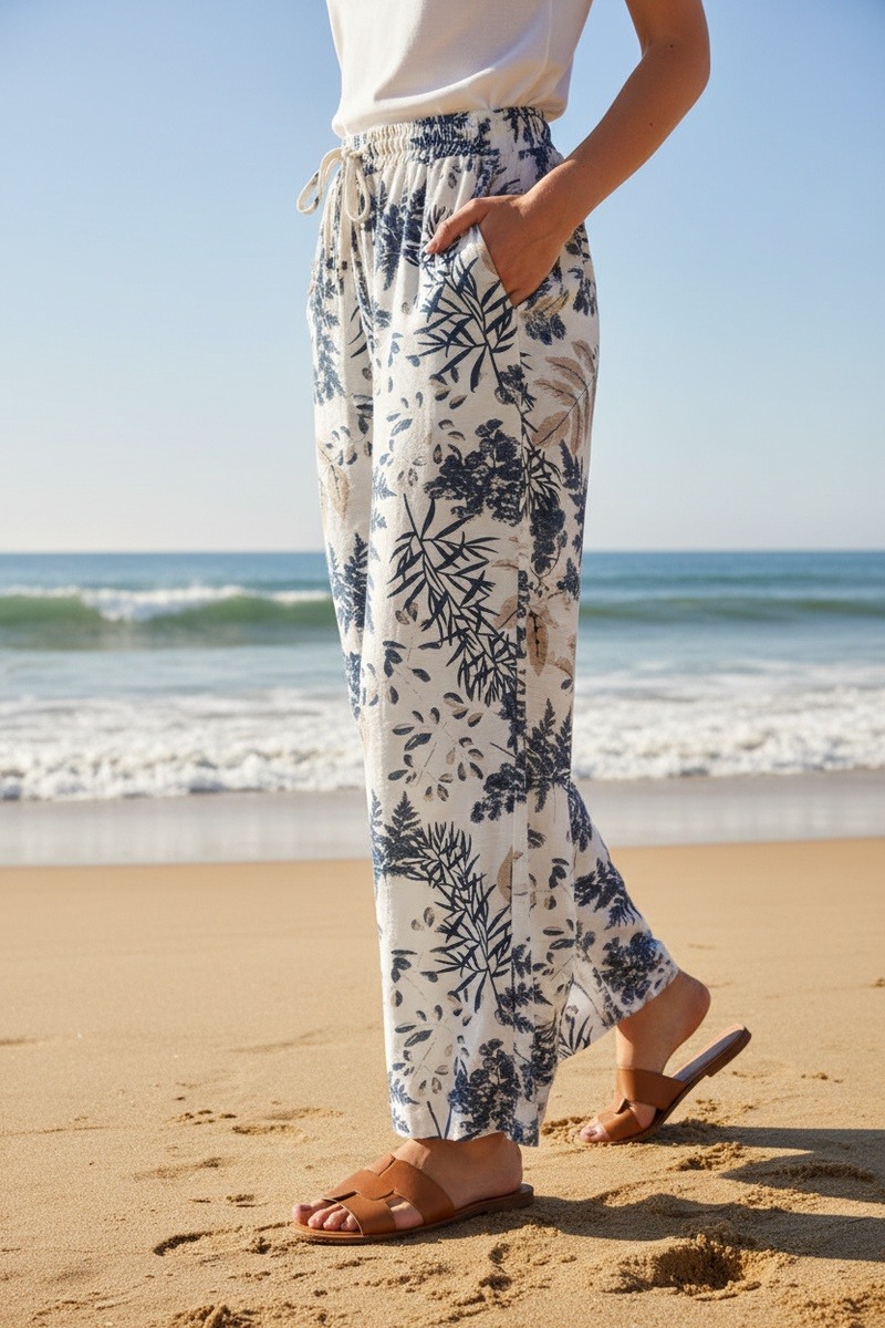 Grossiste Lusa Mode - Pantalon fleuri large décontracté avec poches et cordon ajustable