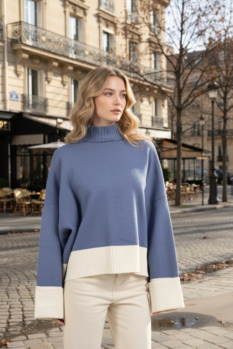 Großhändler Lusa Mode - Dicker zweifarbiger Pullover mit hohem Hals