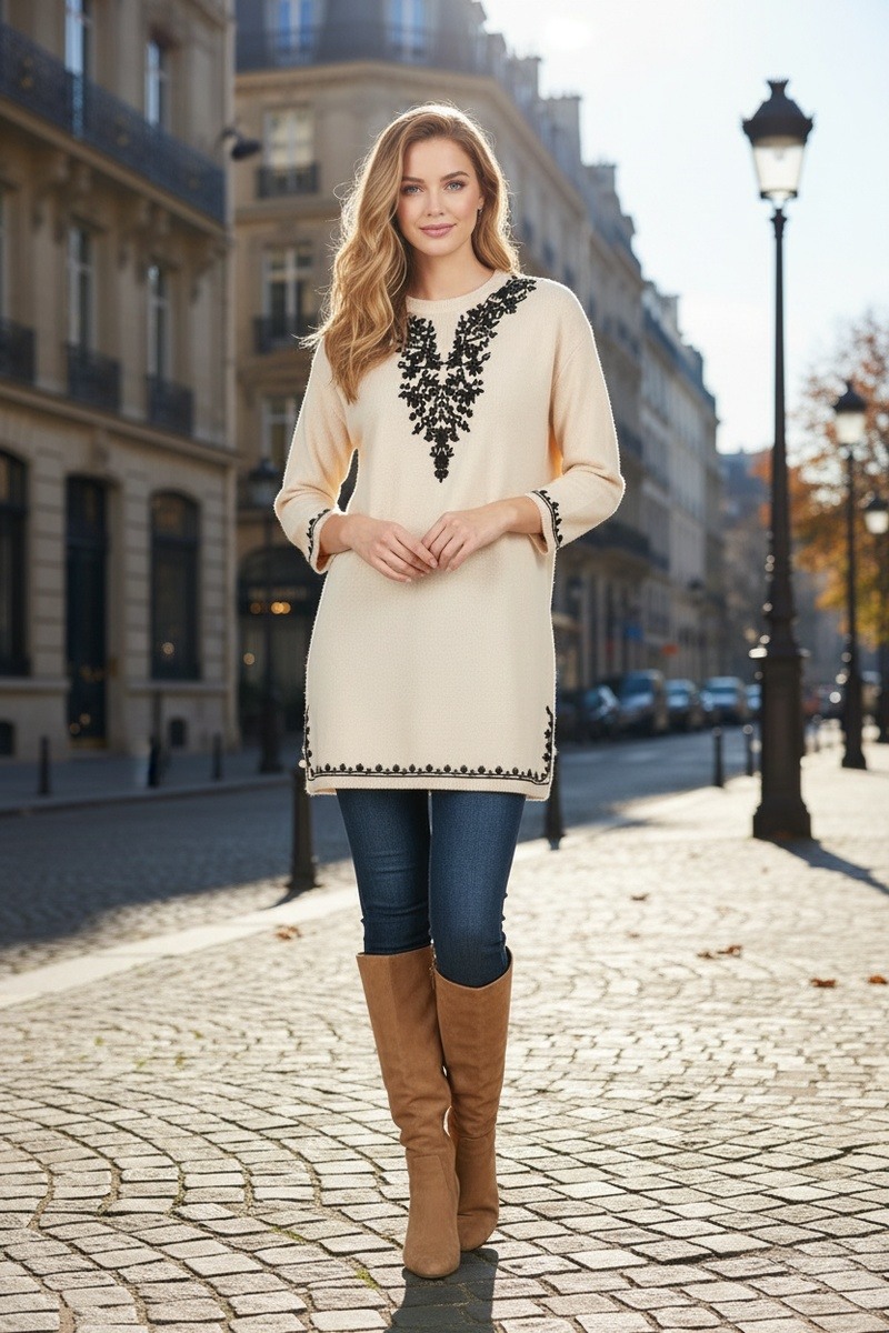 Großhändler Lusa Mode - Bestickter Tunika-Pullover mit originellem, stilvollem und elegantem Muster