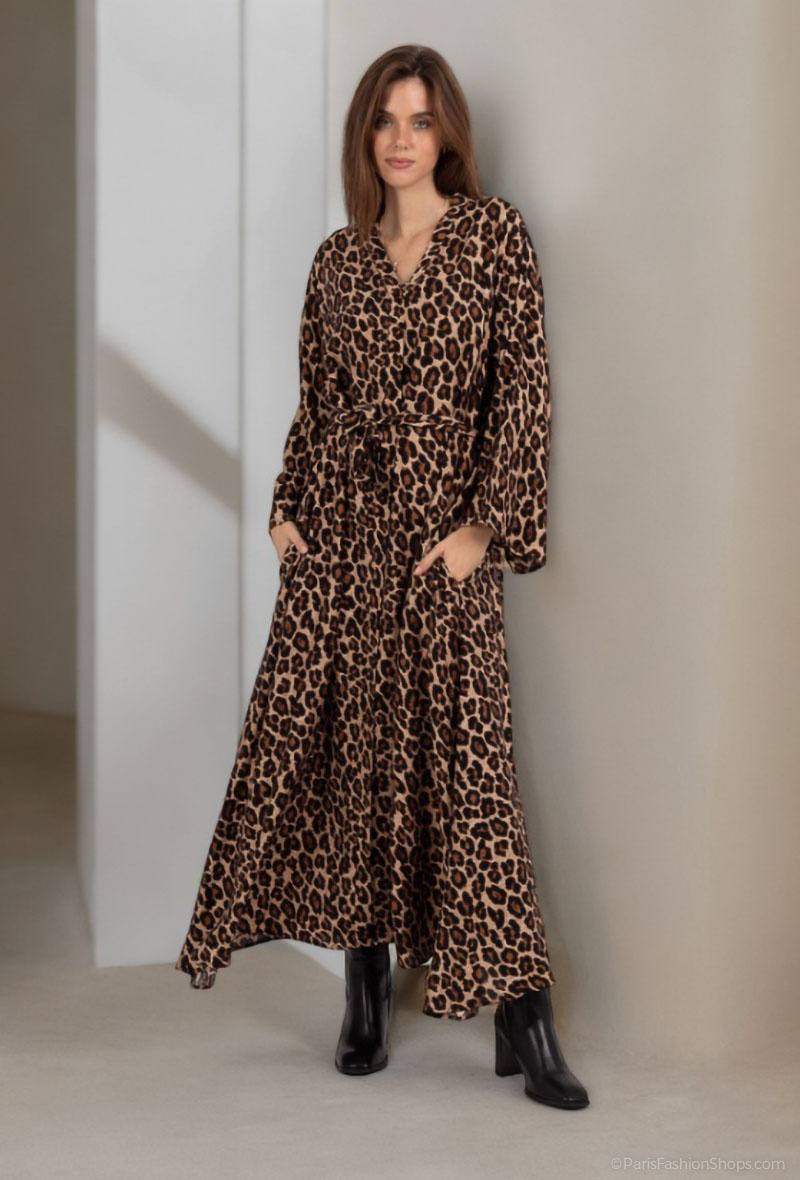Großhändler Lusa Mode - Langärmliges Maxikleid mit Leopardenmuster und leinenähnlichem Stoff