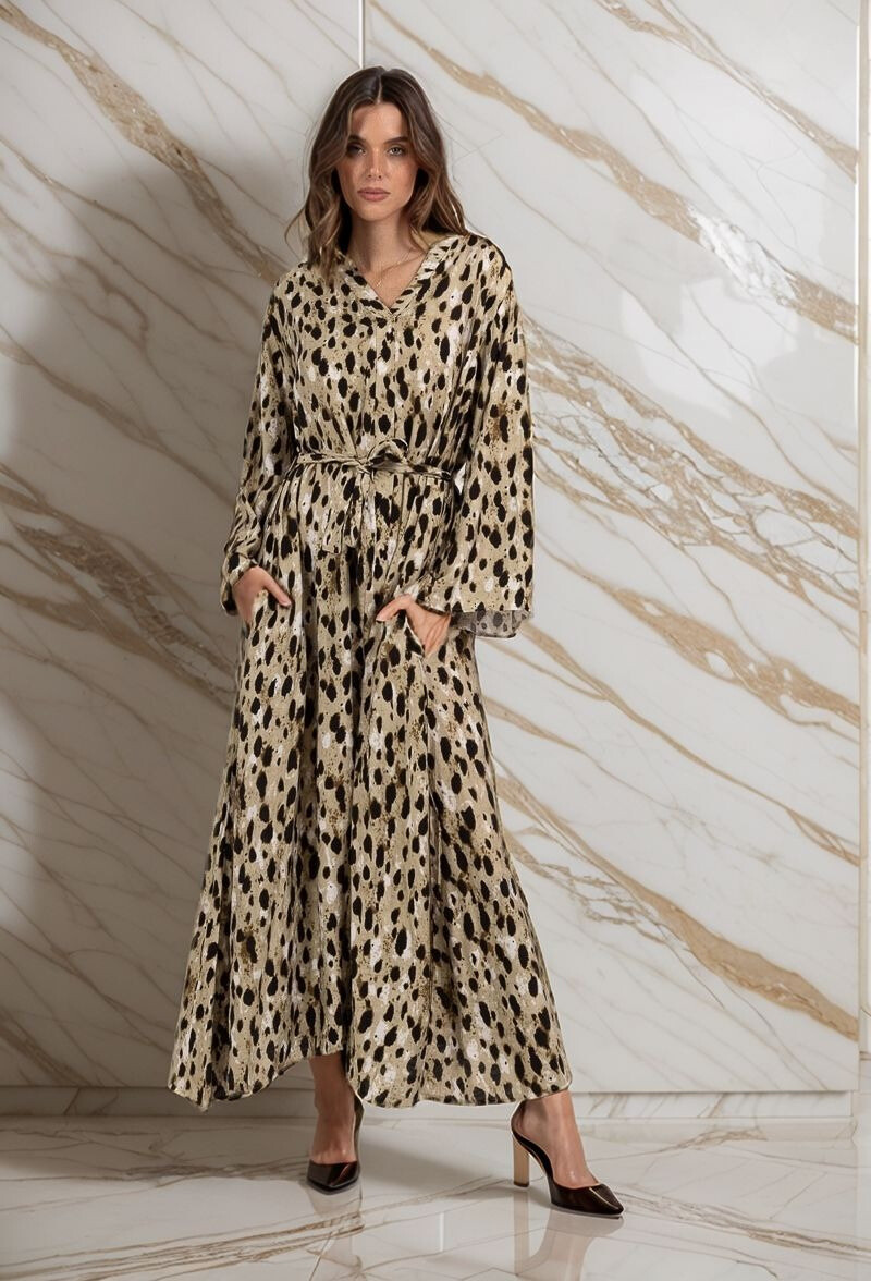 Wholesaler Lusa Mode - Long leopard printed dress with long sleeves with tissue similar to linen