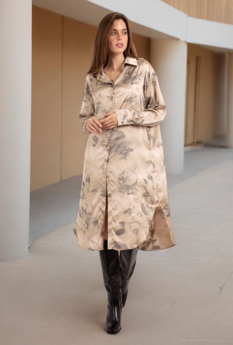 Wholesaler Lusa Mode - Long Sleeve Floral Print Shirt Dress With Pockets