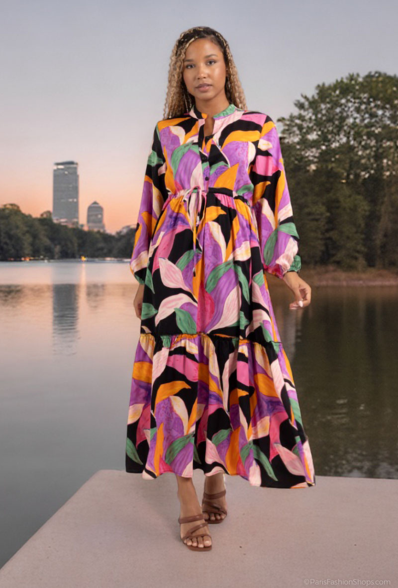 Mayorista Lusa Mode - Vestido largo manga larga estampado tropical
