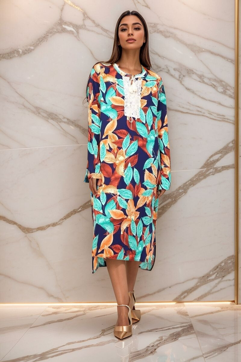 Mayorista Lusa Mode - Vestido de estampado tropical largo con bordado