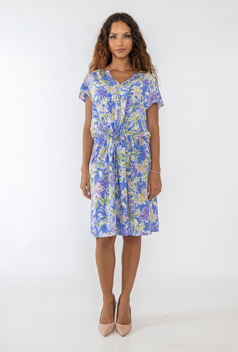 Mayorista Lusa Mode - Vestido corto sin mangas con estampado tropical y cordón