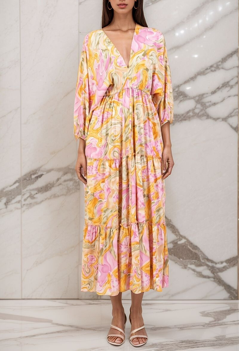 Grossiste Lusa Mode - Robe longue imprimée fleurie col V avec poches