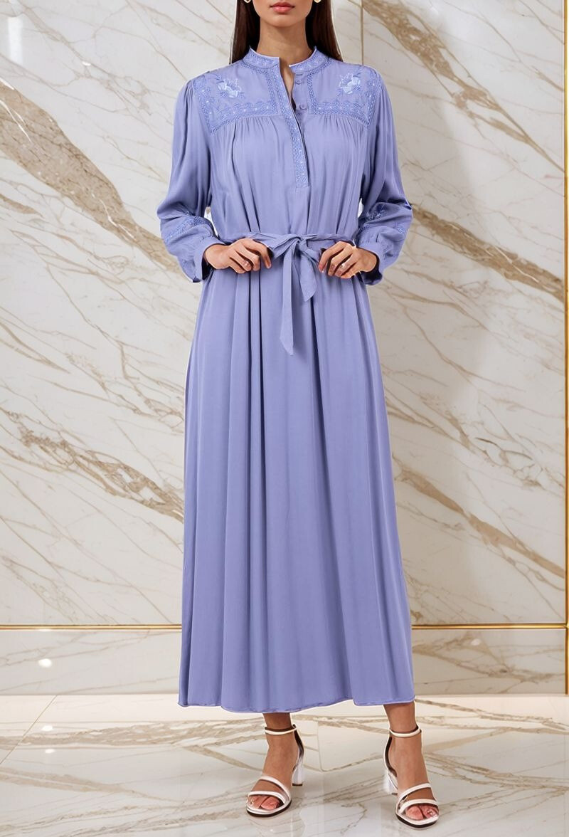 Wholesaler Lusa Mode - Long plain embroidered abaya dress with belt