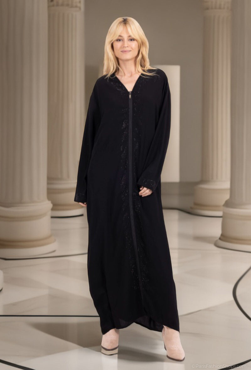 Grossiste Lusa Mode - Robe longue abaya uni avec strass à manches longues
