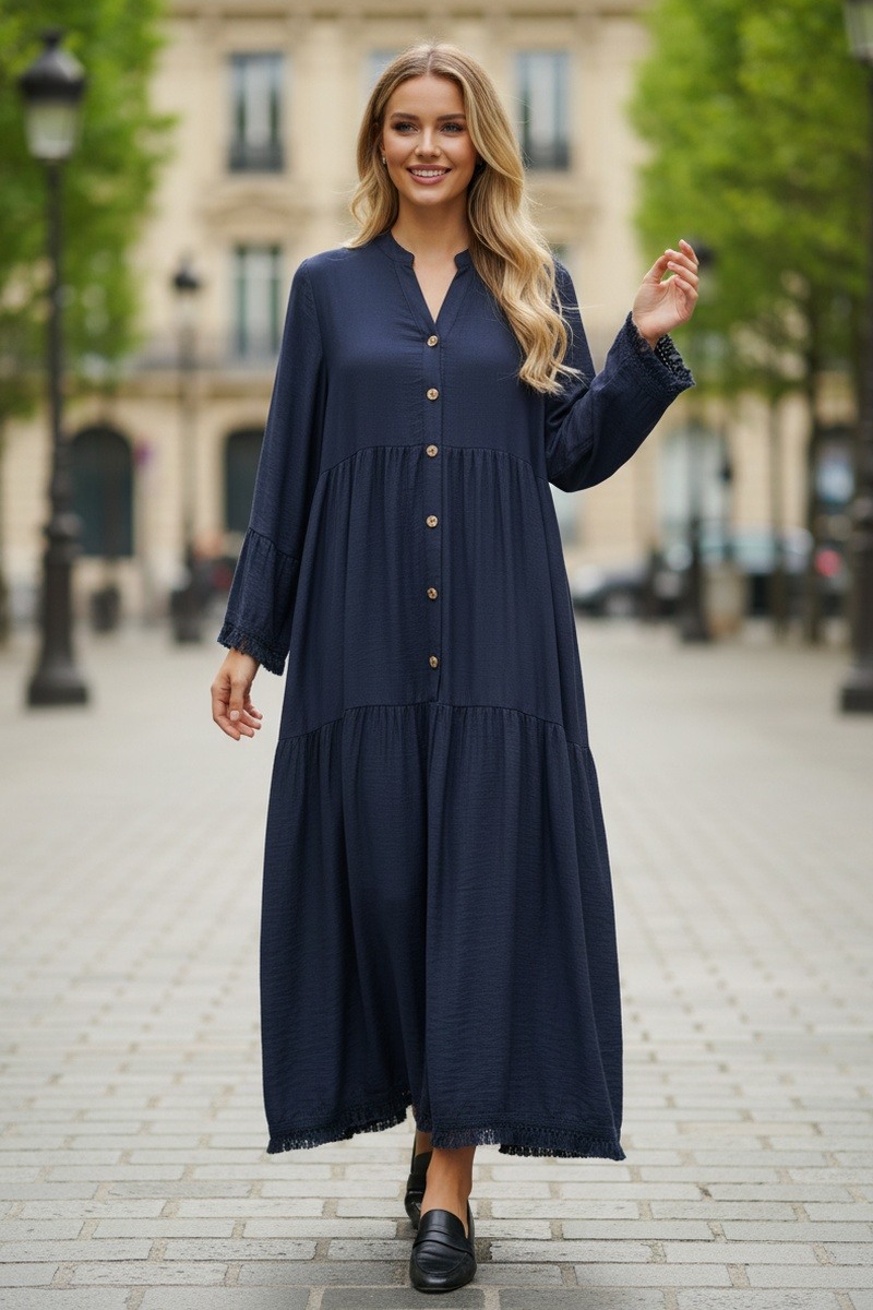 Großhändler Lusa Mode - Elegantes, schlichtes Maxikleid mit dekorativen Knöpfen