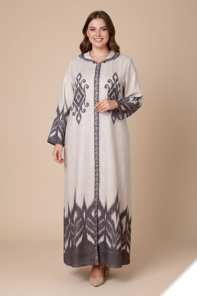 Großhändler Lusa Mode - Langes Kleid mit Kapuze, eleganter Spezialdruck und Taschen