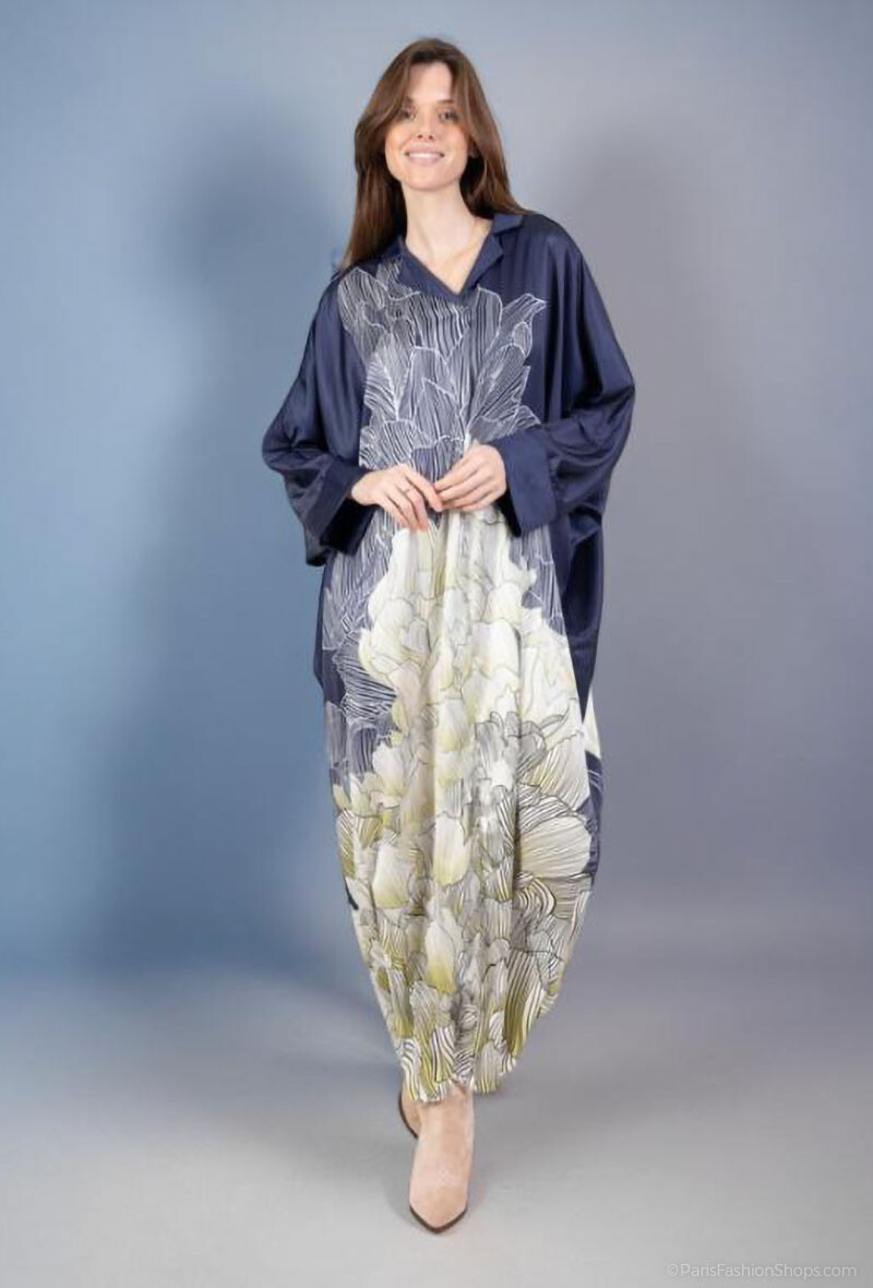 Mayorista Lusa Mode - Vestido largo con cuello camisero y estampado floral en seda