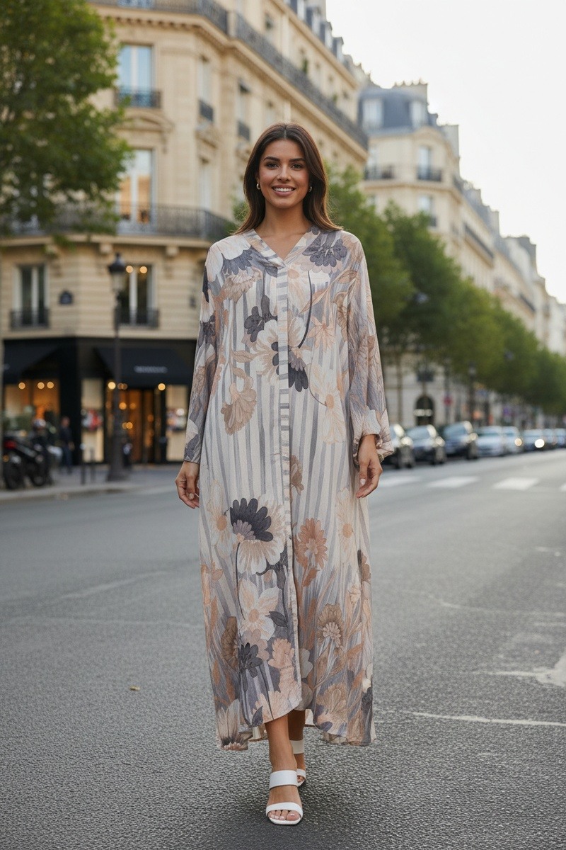 Grossiste Lusa Mode - Robe longue imprimée fleurie avec poches, ceinture et broche en fleur