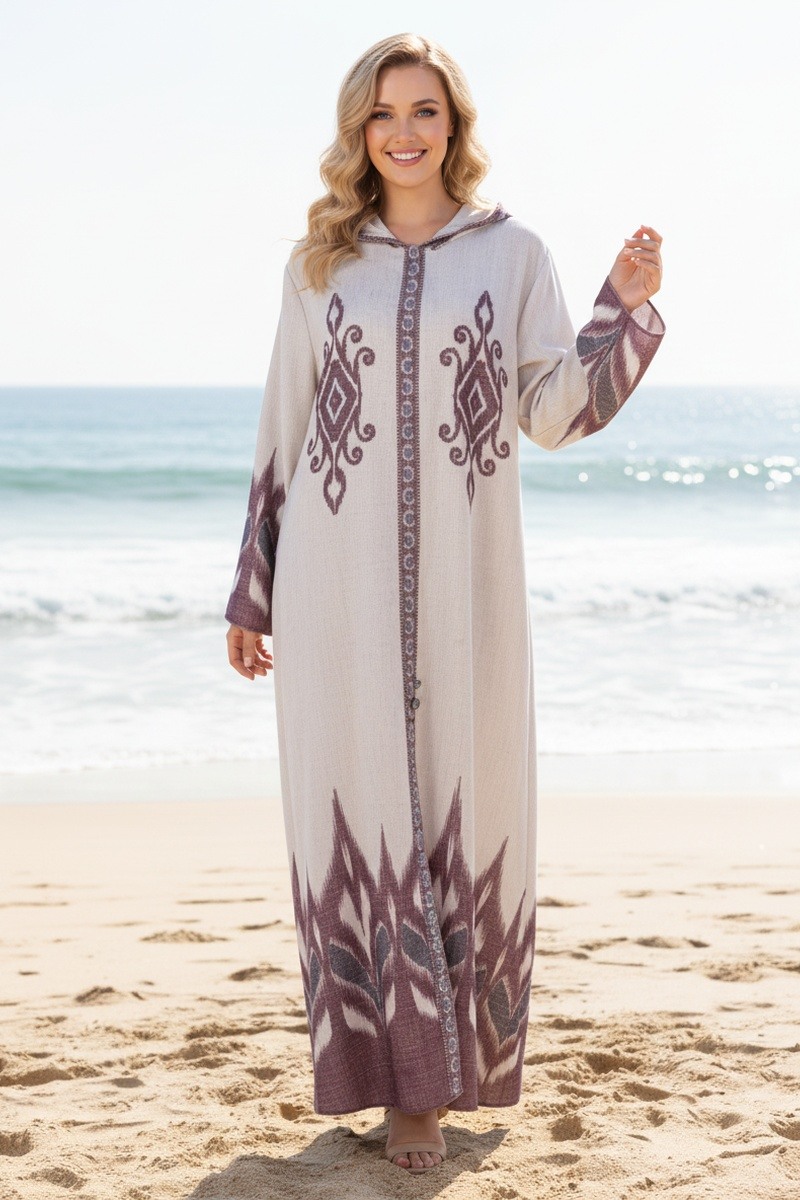 Grossista Lusa Mode - Elegante abito lungo djellaba con cappuccio, stampa speciale e tasche