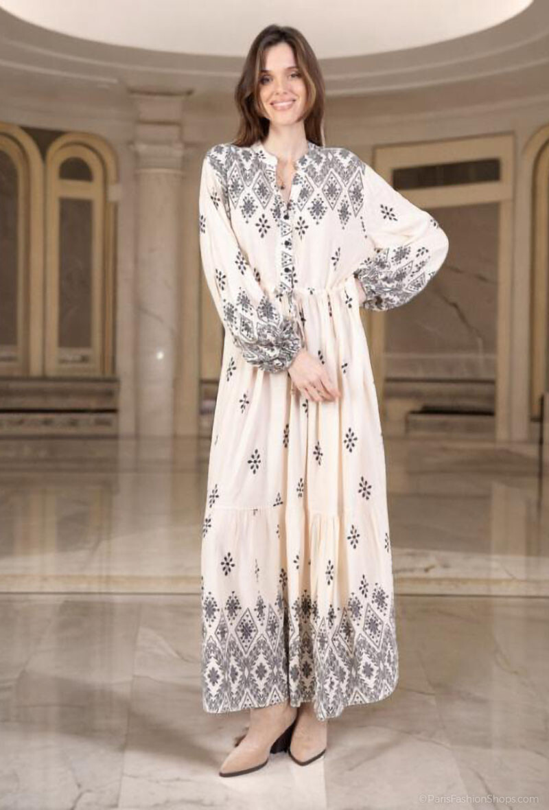 Großhändler Lusa Mode - Yasmina langes Kleid, bedruckt wie bestickter Lyocell-Stoff
