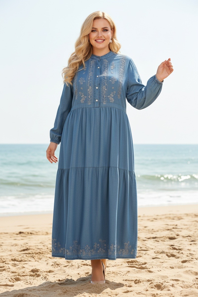 Großhändler Lusa Mode - Langes Kleid in Denim-Farbe mit Blumenstickerei