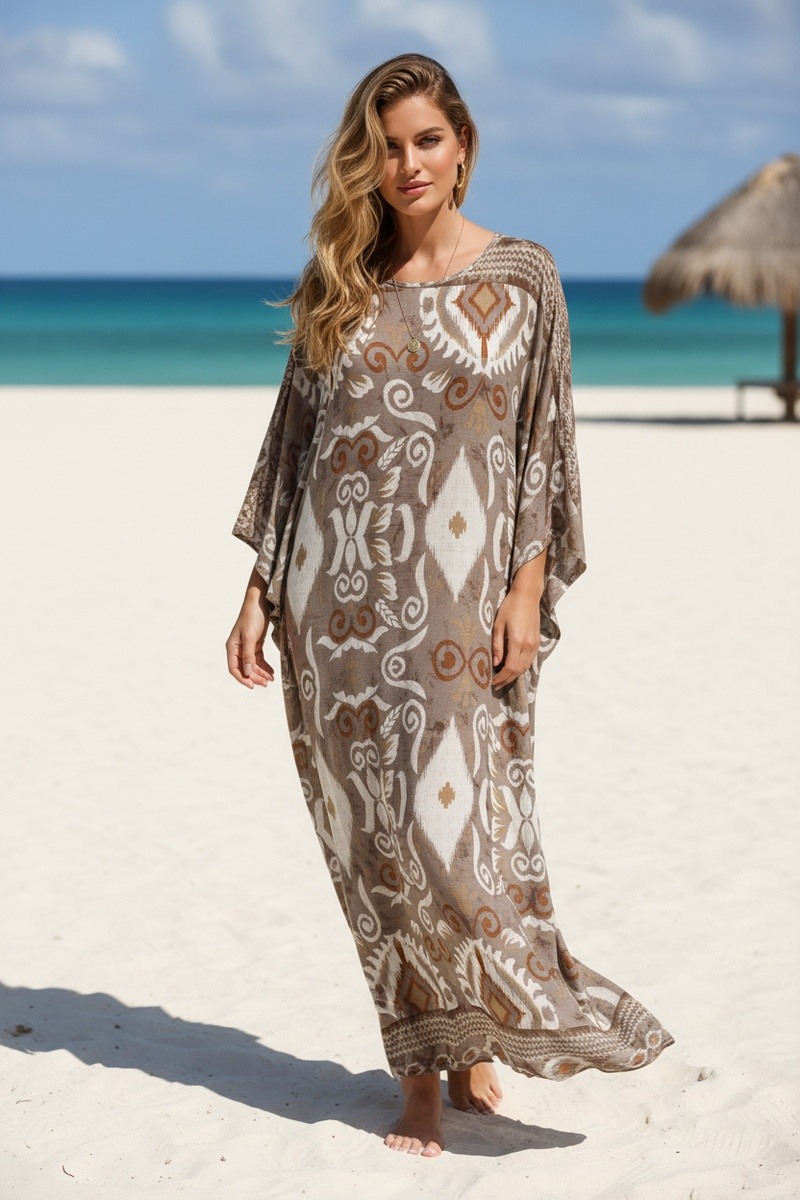 Großhändler Lusa Mode - Langes Boho-Kleid mit Print aus leinenartigem Stoff
