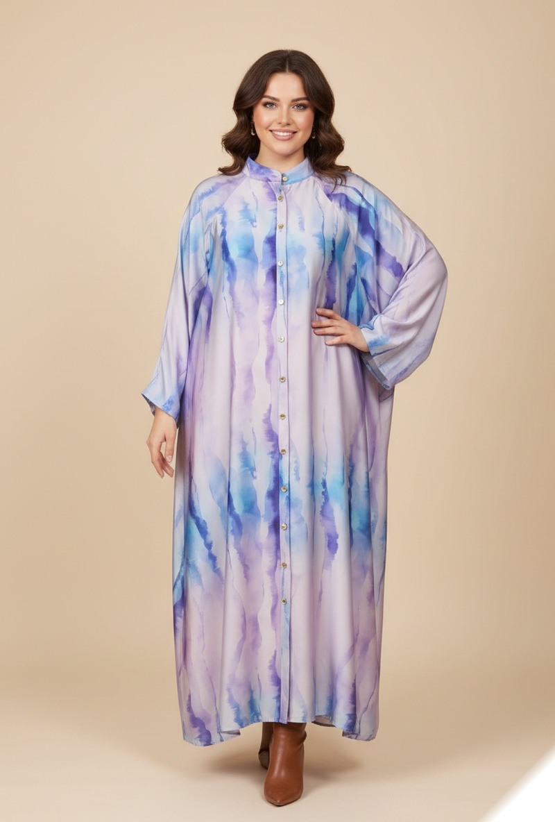 Großhändler Lusa Mode - Langes Hemdblusenkleid mit abstraktem Print aus seidenähnlichem Stoff