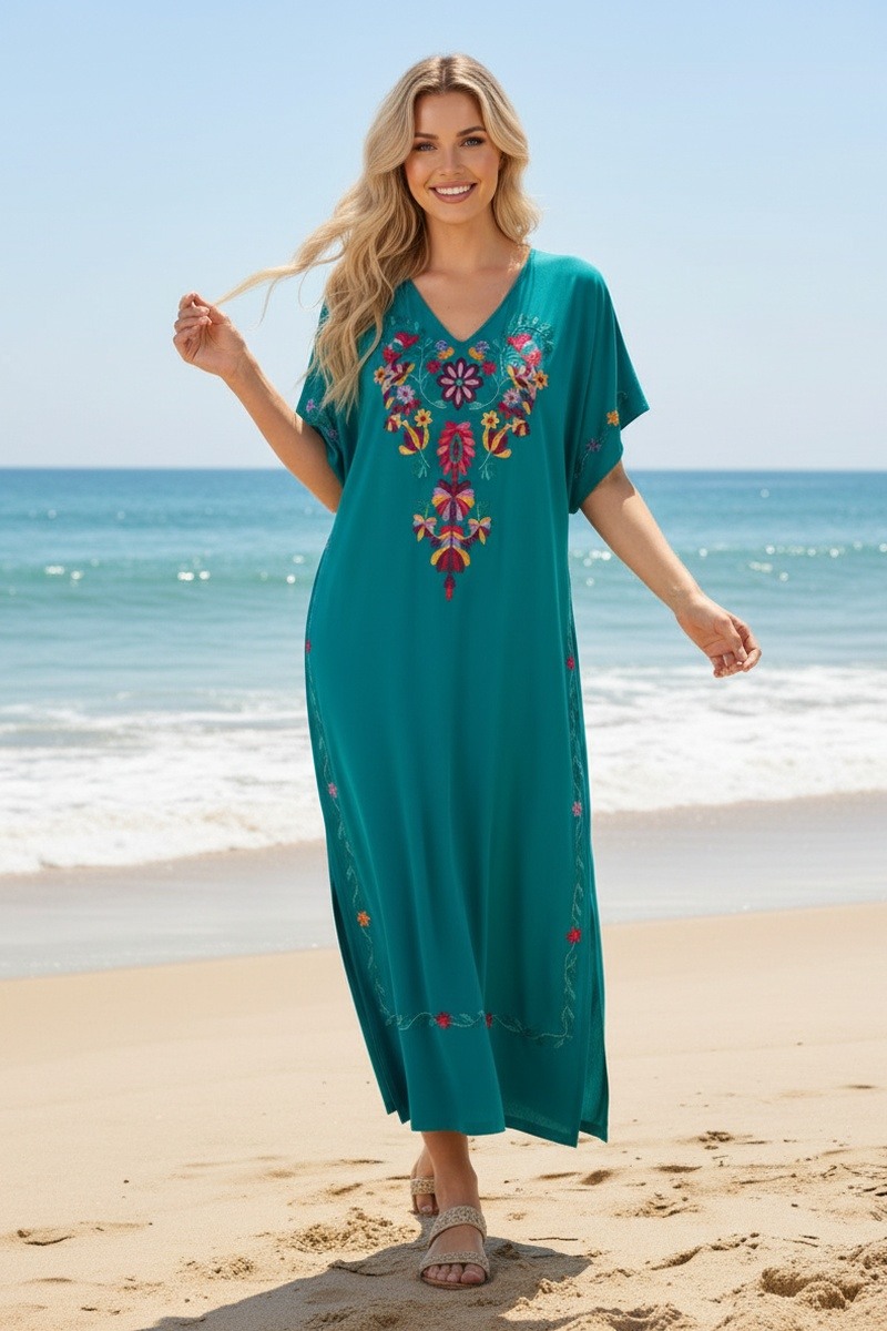 Großhändler Lusa Mode - Langes einfarbiges Gandoura-Kleid mit Blumenstickerei