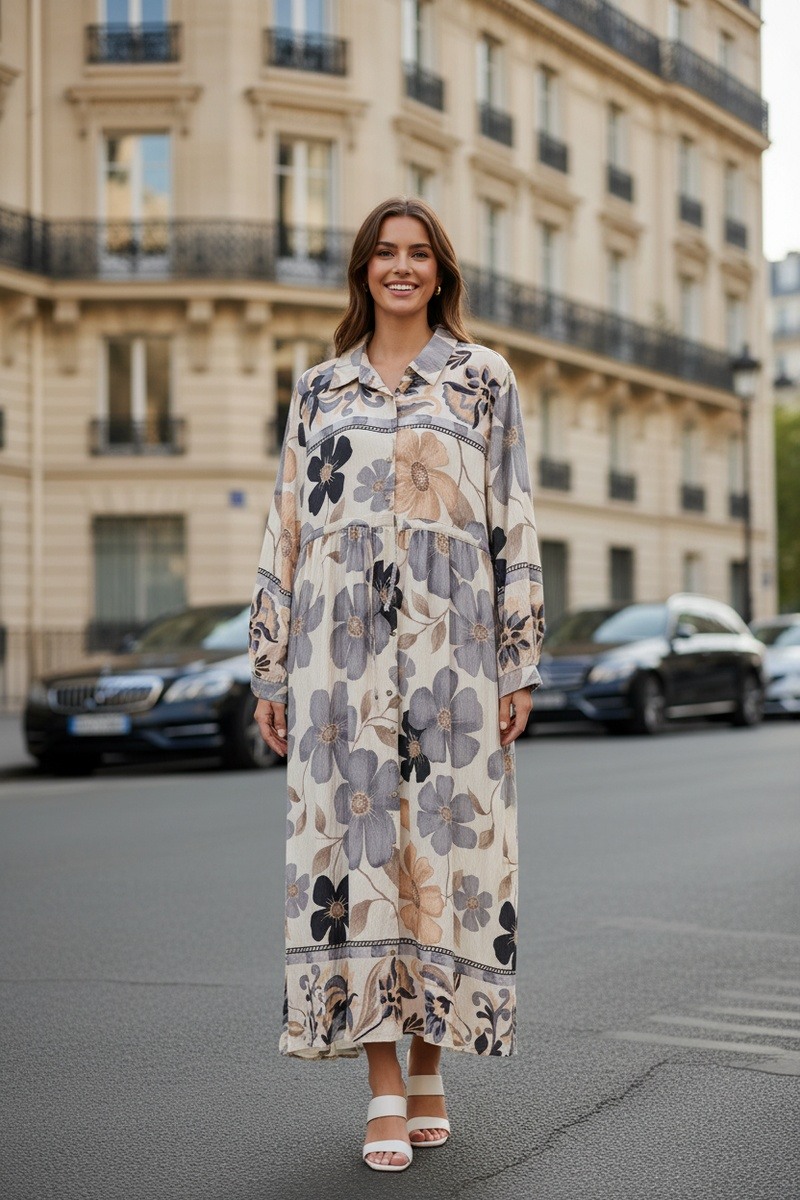Grossiste Lusa Mode - Robe longue imprimée fleurie avec ceinture ajustable
